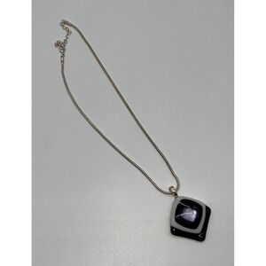 Artisan Fused Glass Black White Iridescent Dichroic Pendant Necklace